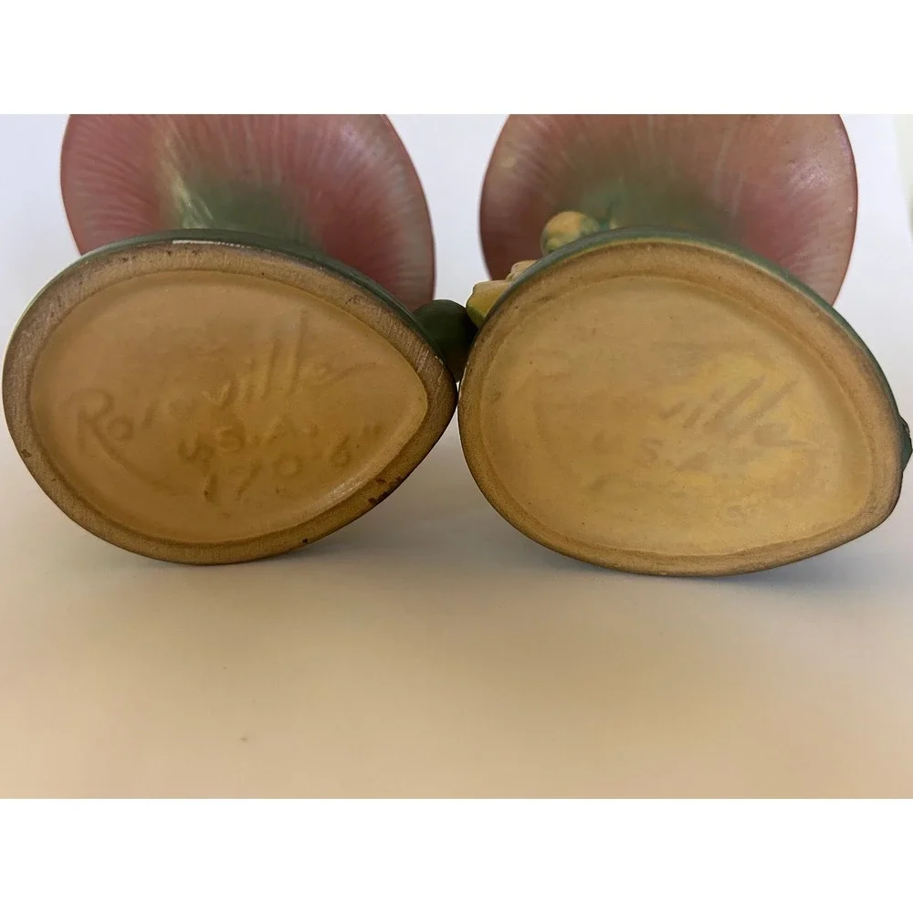 2 ROSEVILLE Pottery Peony Cornucopia Horn of Plenty USA Vintage Art Deco